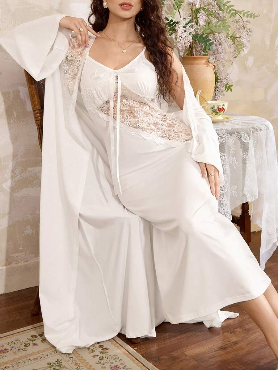 Côtesoire 法式优雅睡袍套装，蕾丝拼接睡裙及长袍，迷人的法国南部风格，女士秋季睡衣套装 - 白色 - 查看 1