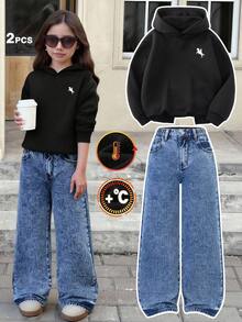 SHEIN ChillGRL Tween Girls' Hoodie & Sweatshort Co-Ords 2pcs New Arrival: Jeans + Hoodie. Thermal Lined, Thick, Comfortable Sweatshirt Fabric. Loose And Stylish Fit. Cute Printed Black Hoodie. Retro Medium Wash Blue Straight-Leg Jeans. Suitable For All Seasons. Versatile Styling. Elastic Waistband. Cute Cut. High Cost-Performance Ratio. Stylish Two Pieces Set For Older Tween Girls: Hoodie And Jeans. Y2k Tween Outfit Baggy Jeans Y2k