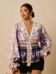 Travachic Áo sơ mi tay dài họa tiết hoa ren chắp vá cỡ lớn dành cho nữ, thanh lịch và lãng mạn - Nhiều màu - Xem 3