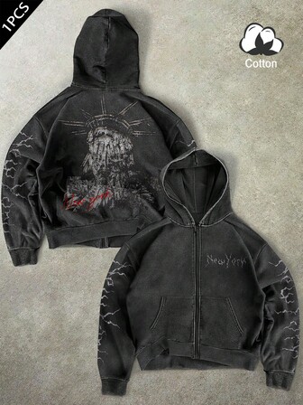 Manfinity EMRG Sudadera con estampado de lema de Nueva York y Estatua de la Libertad, estilo casual y urbano para hombre, ropa de otoño/invierno