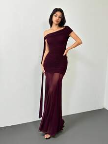 SHEIN Tall 酒红色斜肩褶皱伞裙长连衣裙，优雅大方，适合节日、婚礼、生日、毕业季等场合。 - 酒紅色 - 查看 9