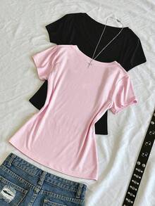 StreetHx 女士夏季V领紧身T恤，朋克亚文化动漫纯色基础款V领短袖修身T恤 - 彩色 - 查看 2