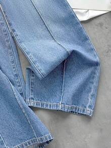 SHEIN Tween Girls' Tie Waist Pocket Wide Leg Loose Casual Jeans - Light Wash - View 9