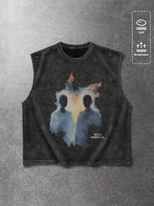 ROMWE MEN Street Life 男士标语和人物印花休闲无袖背心 - 黑色 - 查看 1