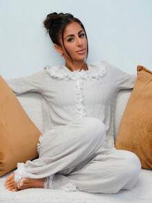 SAYEHFBABY Southern France Elegant Lace Patchwork Textured Knit Pajama Set For Women Ruffle Pajama Set  Cozy And Elegant Details, Fall Clothes - Beige - View 6