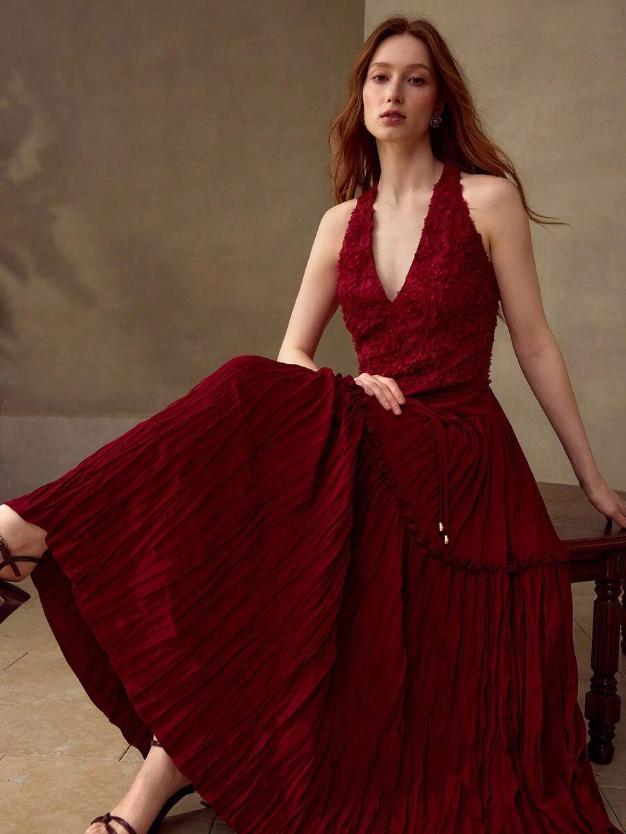 MOTF PREMIUM WOMEN'S V-NECK RUCHED HEM ELEGANT DRESS, SUITABLE FOR DATES - Burgundy - View 1