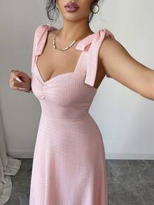 SHEIN Elenzya Sleeveless Spaghetti Strap Tie Bow Knot Ruched Bust A-Line Elegant Romantic Sophisticated Women Dress, Chiffon Fabric - Pink - View 6