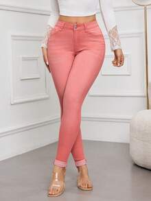 SHEIN EZwear 女士春季休闲高腰紧身牛仔裤 - 粉色 - 查看 5