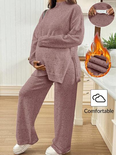 SHEIN Conjunto informal de maternidad para otoño/invierno: Suéter holgado de cuello alto con hombros caídos y abertura lateral en el bajo, con pantalones de punto de cintura ajustable