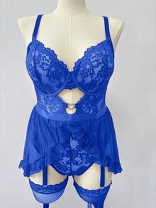 Seduluxe Conjunto de lencería de encaje de talla grande con aros, 3 piezas - azul real - Ver 4