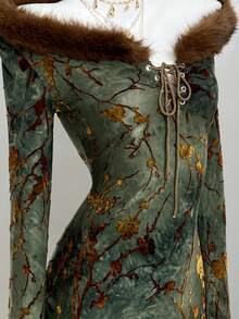 Elamini 女士优雅长袖连衣裙，适合派对、休闲穿着，植绒面料，带毛领，秋冬 - 彩色 - 查看 4