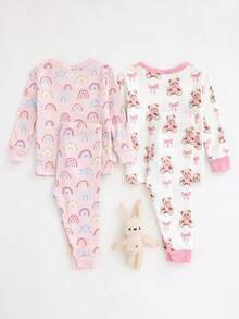 Cozy Pixies 女婴四件套贴身睡衣套装 - 波点、彩虹、爱心情人节图案圆领长袖上衣和松紧腰长裤 - 彩色 - 查看 2