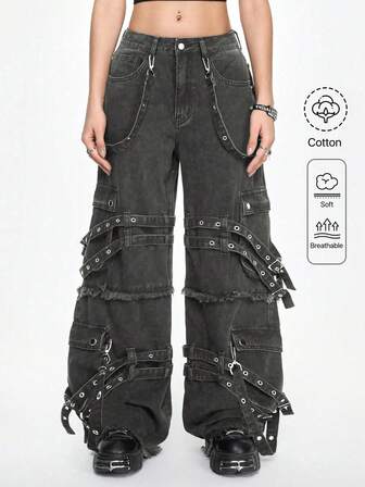 Grunge Punk Lässige Street Punk Chic Schleife Metallgewebe Dekor Weite Damenjeans