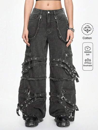 ROMWE Grunge Punk 休闲街头朋克风丝带金属织带装饰女士阔腿牛仔裤