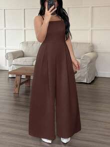 INAWLY 大码女式休闲日常通勤简约纯色褶皱宽松阔腿连体裤