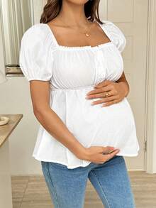 SHEIN 孕妇纯色方领褶皱胸部休闲短袖衬衫 - 白色 - 查看 5