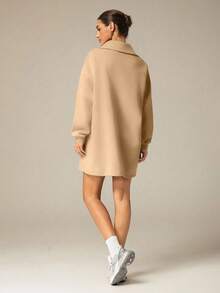 Hanevo 秋冬新款休闲街头极简通勤懒人返校高领拉链半开衩套头长袖H型宽松卫衣&女士短裤套装 - 棕色 - 查看 2