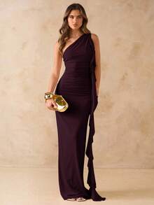SHEIN BAE Asymmetric Ruched Backless Maxi Mesh Dress With Ruffle Hem, Elegant Women's Dress For Vacation & Beach, Spring/Summer ,Summer Dress - Maroon - View 3