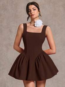 SHEIN BAE 秋冬季纯粉色性感简约甜美浪漫吊带露背蝴蝶结装饰蓬蓬裙女士迷你连衣裙，适合毕业派对、正式场合、鸡尾酒会、浪漫约会、秋冬季叠穿、派对、夜店、婚礼伴娘礼服、晚礼服、万圣节礼服、圣诞节礼服 - 咖啡棕 - 查看 5