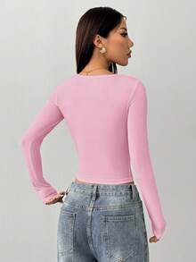 SHEIN PETITE Áo thun nữ tay dài cổ tròn bó sát màu hồng tối giản, thoải mái, phù hợp cho mùa hè và thu đông - Hồng - Xem 2