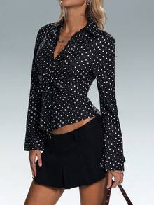 TRNVIE 女士波点V领蕾丝拼接修身长袖衬衫，适合办公室穿着、毕业典礼、返校季等场合 - 黑與白 - 查看 6