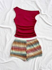 Soleia 新款休闲度假西部海滩婚礼宾客礼服，毕业早午餐，圣帕特里克节，春假，复活节，音乐节，优雅波西米亚热带风情毛绒棕色针织不对称露肩花卉露背两件套女装 - 彩色 - 查看 2