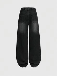 SHEIN Denimly 女童青少年寬鬆牛仔褲 深藍色 秋季街頭風 校園返校穿搭 寬腿褲 愛心刺繡 鬆緊腰 黑色牛仔 - 黑色 - 查看 2