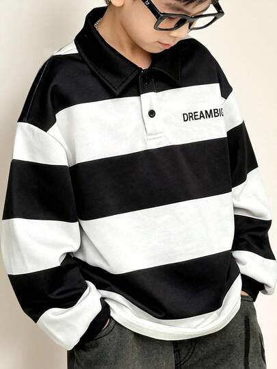 SHEIN Little Byeori Tween Boy Casual Loose Korean Style Striped Letter Print Long Sleeve Polo Sweatshirt, Suitable For Commuting, School, Daily Casual Wear, Sports, Autumn/Winter