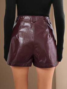 Chikora Quần short ống rộng rộng rãi chất liệu da PU màu trơn cỡ lớn - Màu Đỏ Sâu - Xem 3