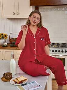 Doze Lane Große Größen Damen Kontrast Saum einfarbiger Kragen Schleife Stickerei Tasche Pyjama Set - Rot - Übersicht 6