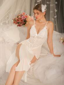 DelicateAllure Women's Mature Sexy Mesh Nightgown,Charming Lace Spaghetti Strap Maxi Dress,White Babydoll Lingerie,Suitable For Bedroom,Valentine's Day Wedding - White - View 4