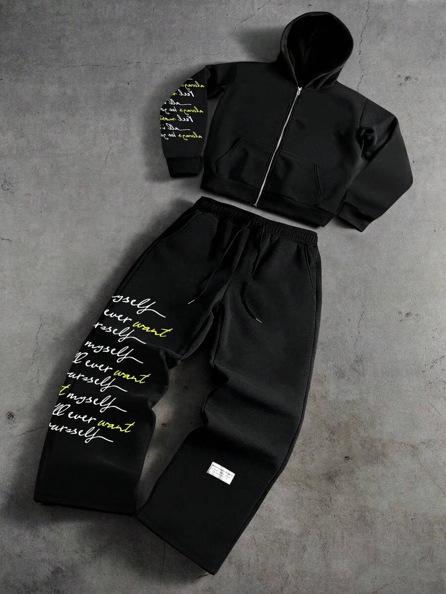 PAVTROS Bộ đồ thể thao nam gồm áo hoodie in khẩu hiệu, khóa kéo phía trước và quần nỉ có dây rút ở eo, màu đen, hai mảnh. Bộ đồ thể thao nam phối hợp, bộ 2 mảnh, bộ quần jogger nam, bộ đồ thể thao phong cách Y2K. - màu đen - Xem 1