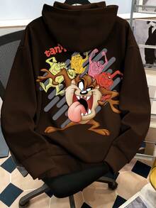 Looney Tunes X Manfinity Manfinity Joysei Sweat-shirt à capuche à cordon de serrage pour hommes, motif de bande dessinée, poche, polyvalent, manches longues, automne/hiver - Marron - Voir 1