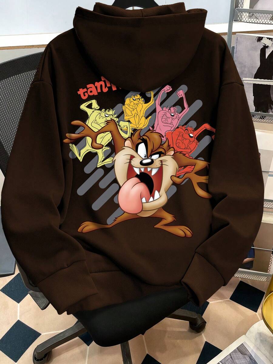 Looney Tunes X Manfinity Manfinity Joysei Sweat-shirt à capuche à cordon de serrage pour hommes, motif de bande dessinée, poche, polyvalent, manches longues, automne/hiver - Marron - Voir 1
