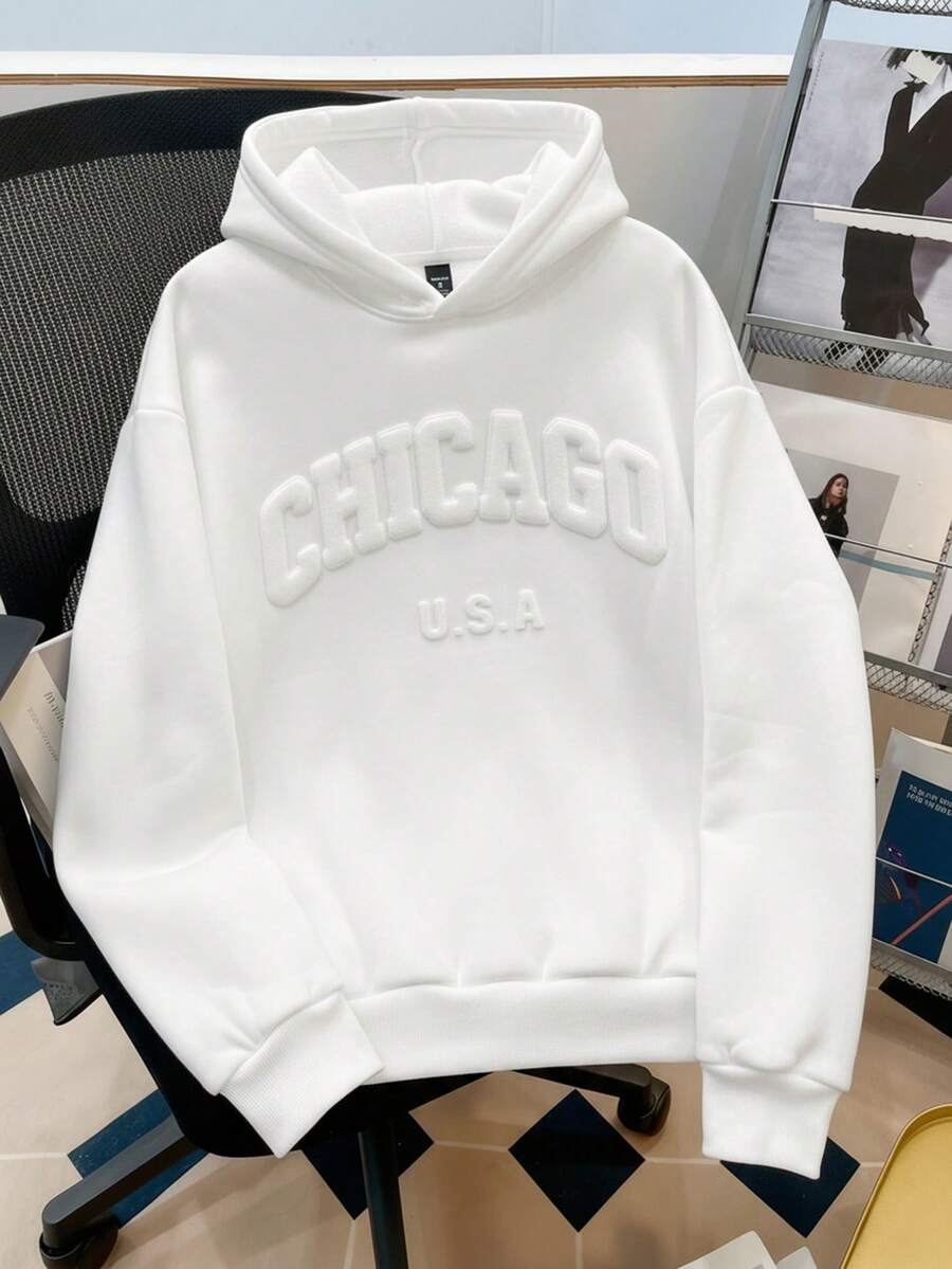 Manfinity Joysei Men's Letter Print Loose Fit Hoodie, Versatile Thick Long Sleeve Sweatshirt For Autumn/Winter - White - View 1