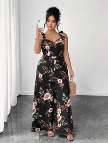 Elenzga Bộ đồ liền thân ống rộng buộc dây phía trước cho ngày lễ lãng mạn cỡ lớn - màu đen - Xem 5