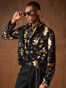 AKNOTIC Business Casual Men's Long Sleeve Single-Breasted Pocket Fashionable Foil Shirt - Black - View 6