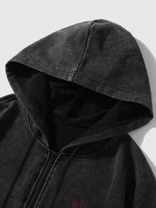 ROMWE MEN Street Life Sudadera con capucha con cremallera y lavado ácido con eslogan para hombre - Negro - Ver 4