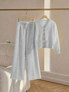 Franclia 2pcs/Set Women Casual Loose Knit Sweater & Pants Loungewear Set, Comfortable & Minimalist Design - Light Grey - View 6