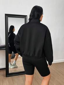 EMERY ROSE Đầm sơ mi dài tay có túi, họa tiết chấm bi, cỡ lớn, thích hợp mặc mùa xuân/thu. - Đen và trắng - Xem 2