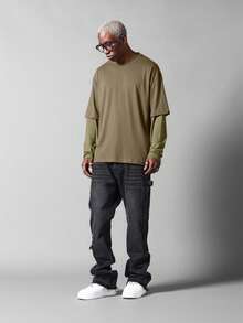 SUMWON 男士双层长袖T恤，叠层设计，圆领，休闲日常上衣，街头时尚，舒适合身，纯色 - 彩色 - 查看 4