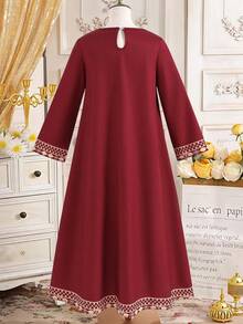 SHEIN Girls' Loose Fit Round Neck Long Dress, Floral Print Trim On Chest, Suitable For Middle East Resort Style, Outdoor Wear, Spring/Summer/Autumn - Multicolor - View 2