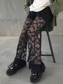 FRIFUL Pantalones casuales rectos de cintura elástica de unicolor, de tela de encaje transparente, versátiles para otoño/invierno - Negro - Ver 4