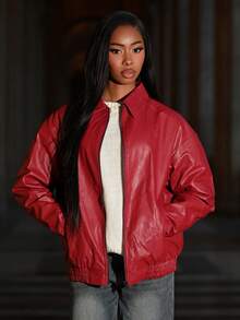 Mima John Casual Off-Shoulder Zipped PU Leather Coat In Fall/Winter - Burgundy - View 1