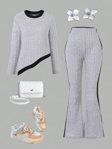 SHEIN Tween Girls' Black & Apricot Color Block Asymmetrical Hem Round Neck Casual 2-Piece Set - Grey - View 1