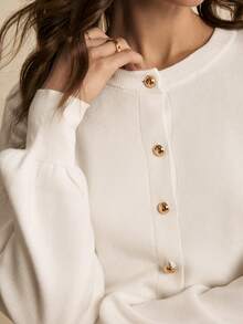 Poéselle Women's Autumn/Winter Office/Commute Minimalist Solid Color Drop Shoulder Loose Lantern Sleeve Single-Breasted Cardigan And Knit Skirt 2-Piece Set - White - View 3