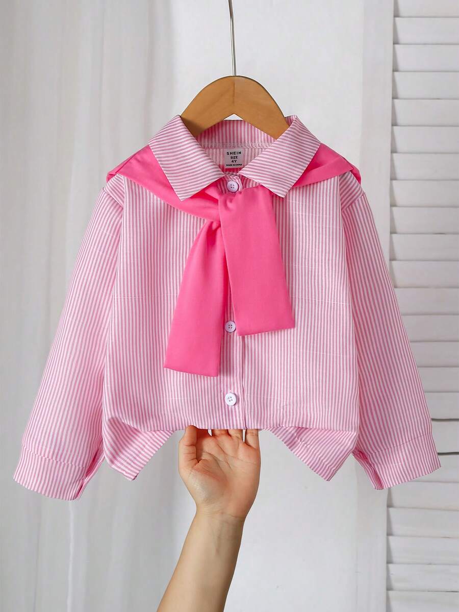 Genkimix Kids Young Girls Fashionable Pink Shirt With Shawl Collar Long Sleeve Blouse, Suitable For Daily Outings And Parties - Pink - View 1