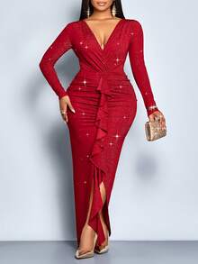 SOLERSUN Abito lungo elegante da donna taglia comoda per l'autunno e l'inverno, in tessuto lavorato a maglia con paillettes e lustrini, scollo a V profondo, arricciature sulla vita, maniche lunghe, spacco centrale anteriore, adatto per feste, eventi formali, matrimoni, Natale, colore bianco