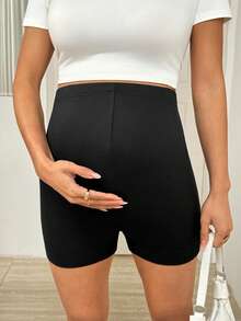 SHEIN Maternity Solid Color Elastic High Waist Skinny Shorts Maternity Biker Short Pregnancy Shorts Mid Thigh Shorts Biker Shorts Butt Lifting Shorts - Black - View 6