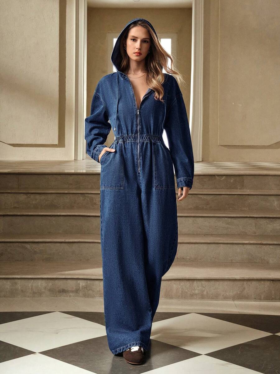 Selenza Women's Drop Shoulder Drawstring Hooded Long Sleeve Zipper Pocket Casual Denim Jumpsuit - Blue - View 1
